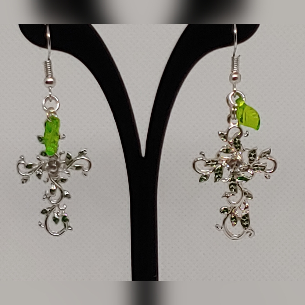 Leafy cross earrings